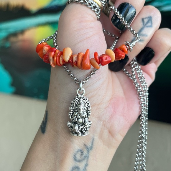 Set ! Red orange coral double layer ganesh necklace + earrings boho yoga zen gem - Picture 11 of 14